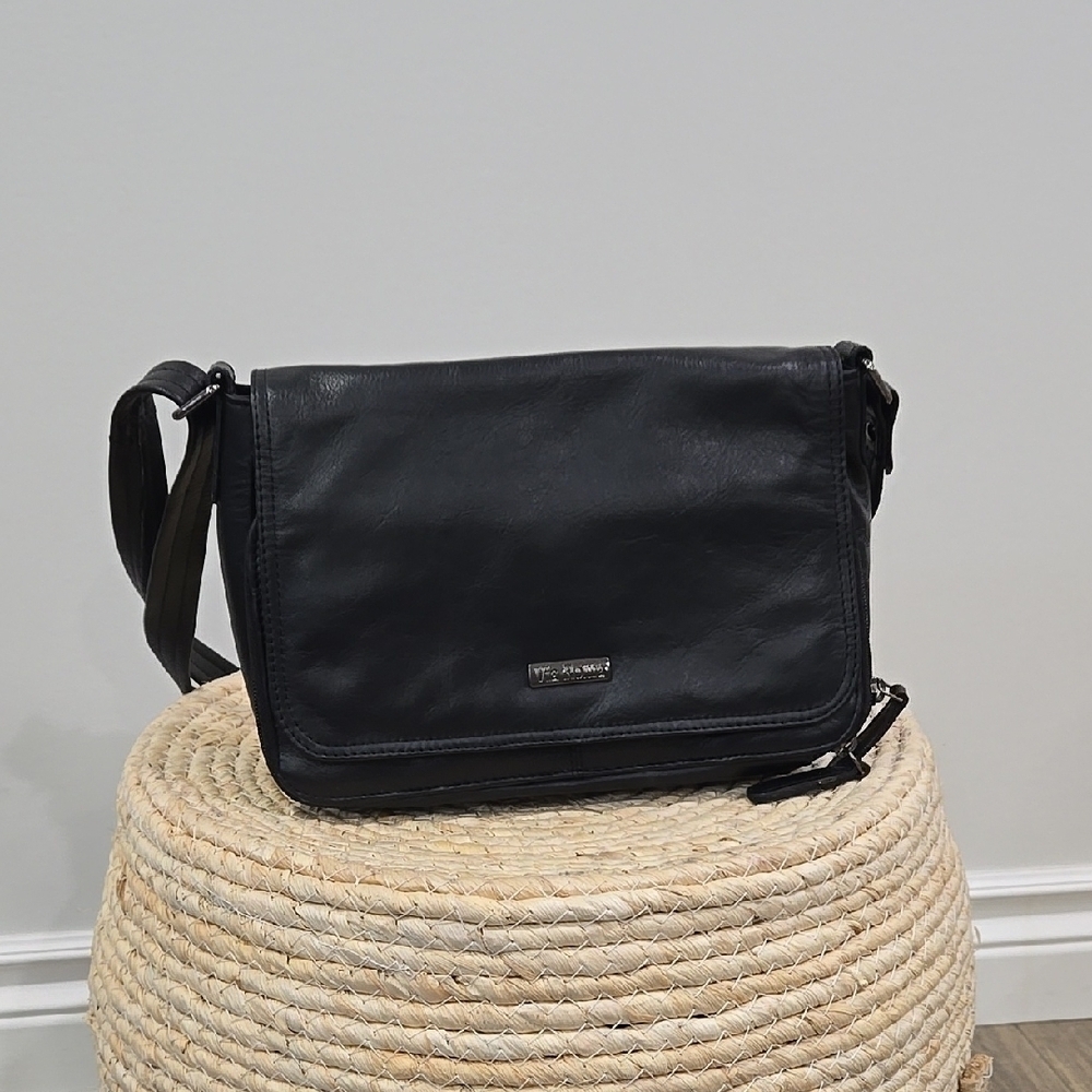 Retro Y2K Black Leather Via Roma Crossbody Messenger Bag